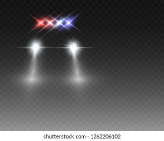 
Realistic white glow round beams of car headlights, isolated on transparent background. Police car. Light from headlights. Police patrol.