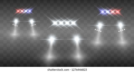 Realistic white glow round beams of car headlights, isolated on transparent background. Police car. Light from headlights. Police patrol.