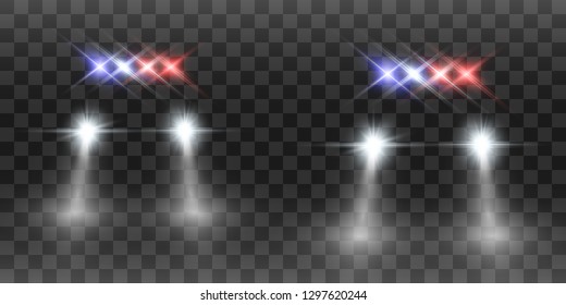 Realistic white glow round beams of car headlights, isolated on transparent background. Police car. Light from headlights. Police patrol. 