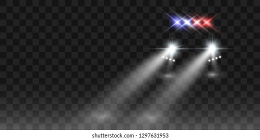 Realistic white glow round beams of car headlights, isolated on transparent background. Police car. Light from headlights. Police patrol. 