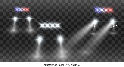Realistic white glow round beams of car headlights, isolated on transparent background. Police car. Light from headlights. Police patrol. 