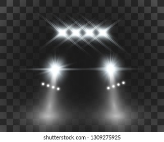Realistic white glow round beams of car headlights, isolated on transparent background. Police car. Light from headlights. Police patrol. 