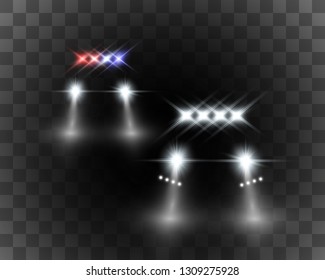 Realistic white glow round beams of car headlights, isolated on transparent background. Police car. Light from headlights. Police patrol. 