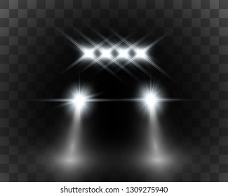 Realistic white glow round beams of car headlights, isolated on transparent background. Police car. Light from headlights. Police patrol. 