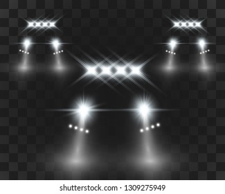 Realistic white glow round beams of car headlights, isolated on transparent background. Police car. Light from headlights. Police patrol. 