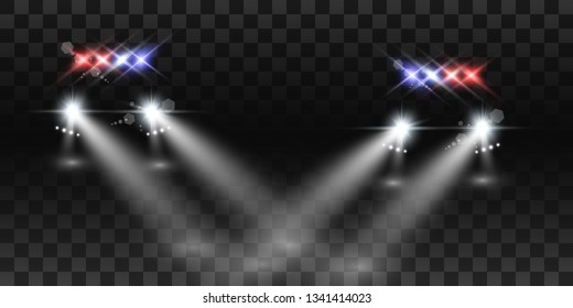 Realistic white glow round beams of car headlights, isolated on transparent background. Police car. Light from headlights. Police patrol. 