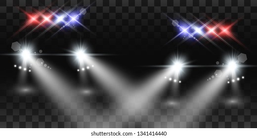 Realistic white glow round beams of car headlights, isolated on transparent background. Police car. Light from headlights. Police patrol. 