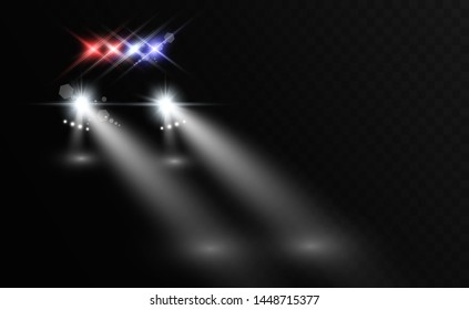 Realistic white glow round beams of car headlights, isolated on transparent background. Police car. Light from headlights. Police patrol.