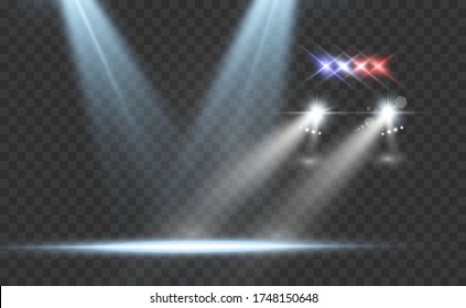 Realistic white glow round beams of car headlights, isolated on transparent background. Police car. Light from headlights. Police patrol.
