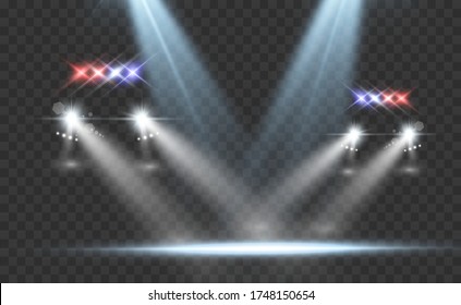 Realistic white glow round beams of car headlights, isolated on transparent background. Police car. Light from headlights. Police patrol.
