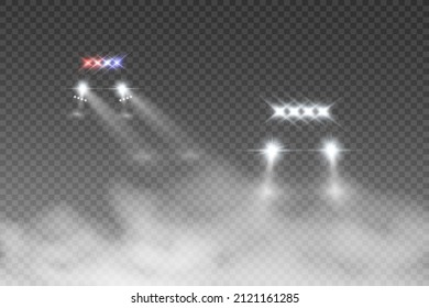 Realistic white glow round beams of car headlights, isolated on transparent background. Police car. Light from headlights. Police patrol.