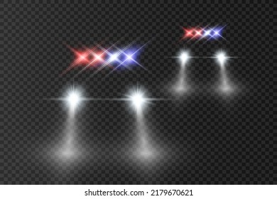 Realistic white glow round beams of car headlights, isolated on transparent background. Police car. Light from headlights. Police patrol.	