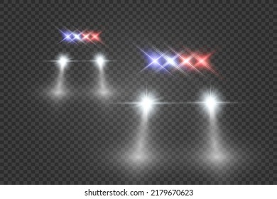 Realistic white glow round beams of car headlights, isolated on transparent background. Police car. Light from headlights. Police patrol.	