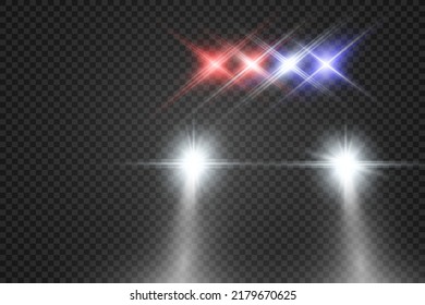 Realistic white glow round beams of car headlights, isolated on transparent background. Police car. Light from headlights. Police patrol.	