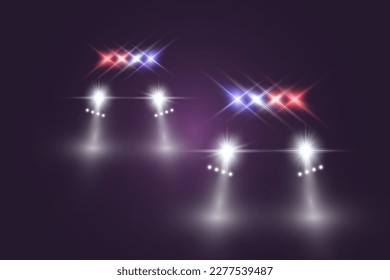 Realistic white glow round beams of car headlights, isolated on transparent background. Police car. Light from headlights. Police patrol.	