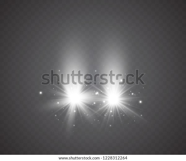 Realistic white glow of\
round beams of car headlights, isolated against a background of\
transparent gloom. 