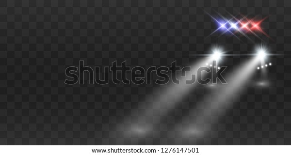 Realistic white glow round beams of car
headlights, isolated on transparent background. Police car. Light
from headlights. Police
patrol.