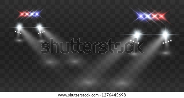 Realistic white glow round beams of car\
headlights, isolated on transparent background. Police car. Light\
from headlights. Police\
patrol.