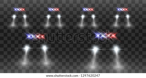Realistic white glow round beams of car headlights,\
isolated on transparent background. Police car. Light from\
headlights. Police patrol.\
