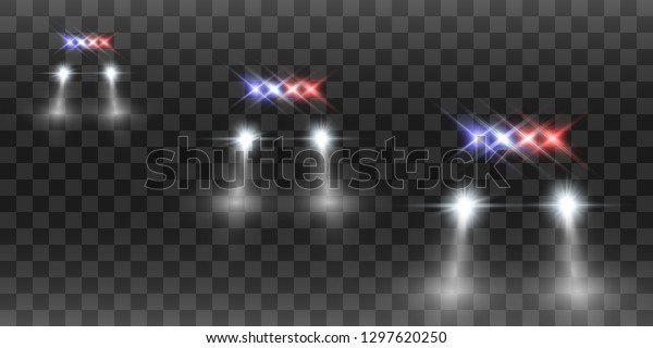 Realistic white glow round beams of car headlights,
isolated on transparent background. Police car. Light from
headlights. Police patrol.
