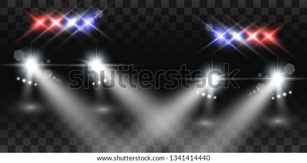 Realistic white glow round beams of car headlights,\
isolated on transparent background. Police car. Light from\
headlights. Police patrol.\
