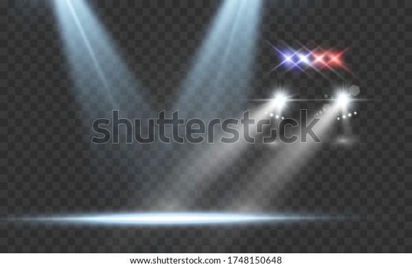 Realistic white glow round beams of car\
headlights, isolated on transparent background. Police car. Light\
from headlights. Police\
patrol.\
