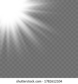 Realistic white glowing light explodes on a transparent background. Horizontal stellar rays and searchlight. Sunshine. Blur in the light of radiance. Vector illustration for banners, posters and cards