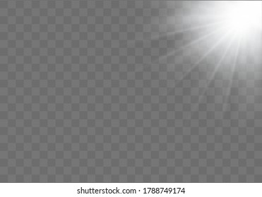 Realistic white glowing light explodes on a transparent background. Horizontal stellar rays and searchlight. Sunshine. Blur in the light of radiance. Vector illustration for banners, posters and cards