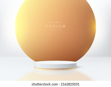Realistic white, gold 3D cylinder pedestal podium with golden circle scene background. Abstract minimal scene for mockup products, stage for showcase, promotion display. Vector luxury geometric forms.