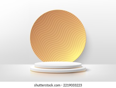 Realistic white, gold 3D cylinder pedestal podium with wavy lines pattern in golden circle background. Vector abstract geometric forms. Minimal scene mockup products stage showcase, Promotion display.