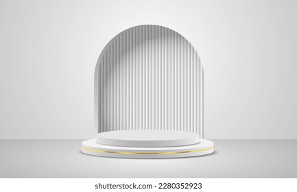 Realistic white gold 3D cylinder pedestal podium with black corrugated on window arch shape vector display illustration.