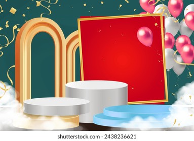 Realistic white and gold 3D cylinder pedestal podium with vertical texture in arch door. Minimal scene for products showcase, modern era