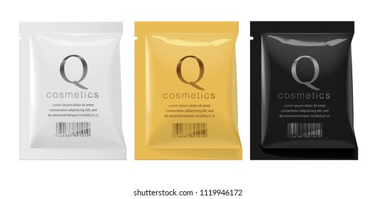 Realistic White, Gold And Black Color Blank Template Packaging Foil Wet Wipes Pouch Medicine Or For Cosmetics. Vector Illustration.