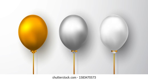 Realistic white, gold and gray balloon on white background with shadow. Shine helium balloon for wedding, Birthday, parties. Festival decoration. Vector illustration.