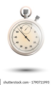 realistic white gold mechanical stopwatch with hands and clock face. Countdown, speed measurement. Color vector