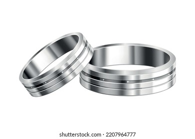 Realistic white gold or platinum wedding rings with diamonds vector illustration