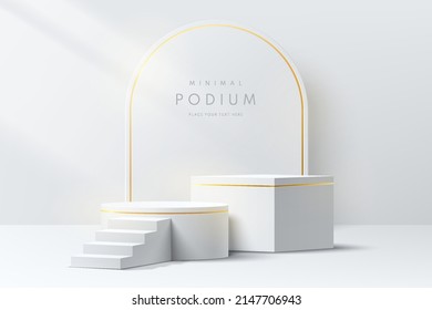 Realistic White And Golden 3D Cube And Cylinder Pedestal Podium Set In Clean Abstract Room. Luxury Minimal Scene For Mockup Products Stage Showcase, Promotion Display. Vector Geometric Forms Design.