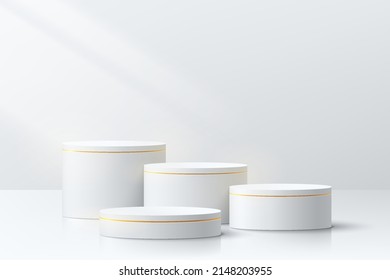 Realistic white and golden 3D cylinder pedestal podium set in clean abstract room. Luxury minimal wall scene for mockup products, Stage for showcase, promotion display. Vector geometric forms design.