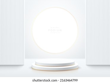 Realistic white, golden 3D cylinder pedestal podium with glowing circle neon background. Abstract minimal scene for mockup products, stage showcase, promotion display. Vector luxury geometric forms.