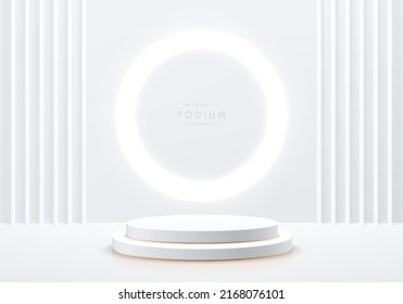 Realistic white, golden 3D cylinder pedestal podium with glowing circle neon background. Vector luxury geometric forms. Abstract minimal scene for mockup products, stage showcase, promotion display.