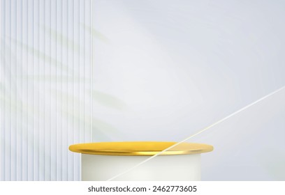 Realistisches weißes goldenes Podium mit pflanzenschattenweißem Hintergrund. Minimale Präsentation von Mockup-Produkten für Lichtszenen. Reinigen Sie die Blindwand, das Glaselement, die innere Attrappe der Vorlage. Vektorgrafik 3D-Darstellung