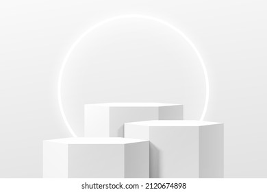 Realistic white and gray 3D hexagon stand or podium set with illuminate circle ring neon lamp. Minimal scene for products stage showcase, Promotion display. Vector abstract studio room platform design