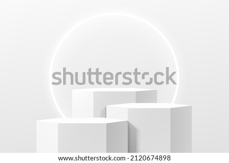 Realistic white and gray 3D hexagon stand or podium set with illuminate circle ring neon lamp. Minimal scene for products stage showcase, Promotion display. Vector abstract studio room platform design