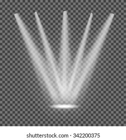 Realistic white gray glowing spotlights on transparent laid background. Theater studio, scene illumination. Magic, bright, gradient light effects. Vector illustration for your design and business.