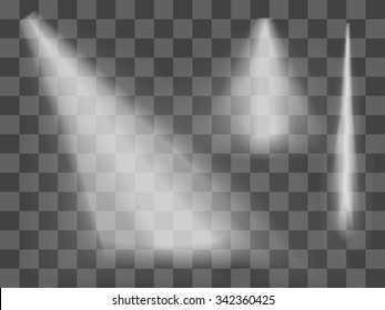 Realistic white gray glowing spotlights set on transparent laid background. Theater studio, scene illumination. Magic, bright, gradient light effects. Vector illustration for your design and business.