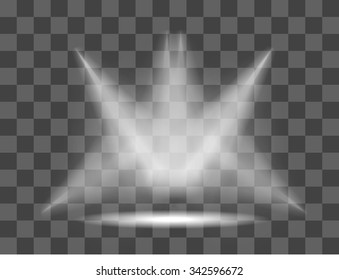 Realistic white gray glowing spotlights on transparent background. Theater studio, scene illumination. Magic, bright, gradient light effects. Vector illustration for your design and business.