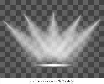 Realistic white gray glowing spotlights on transparent laid background. Theater studio, scene illumination. Magic, bright, gradient light effects. Vector illustration for your design and business.