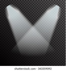 Realistic white gray glowing spotlights on transparent laid background. Theater studio, scene illumination. Magic, bright, gradient light effects. Vector illustration for your design and business.