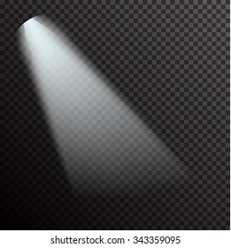 Realistic white gray glowing spotlights on transparent laid background. Theater studio, scene illumination. Magic, bright, gradient light effects. Vector illustration for your design and business.