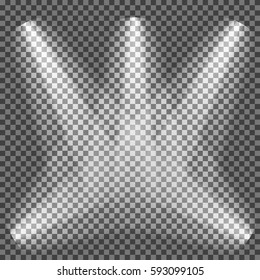 Realistic white gray glowing spotlights on transparent laid background. Theater studio, scene illumination. Magic, bright, gradient light effects. Vector illustration for your design and business.